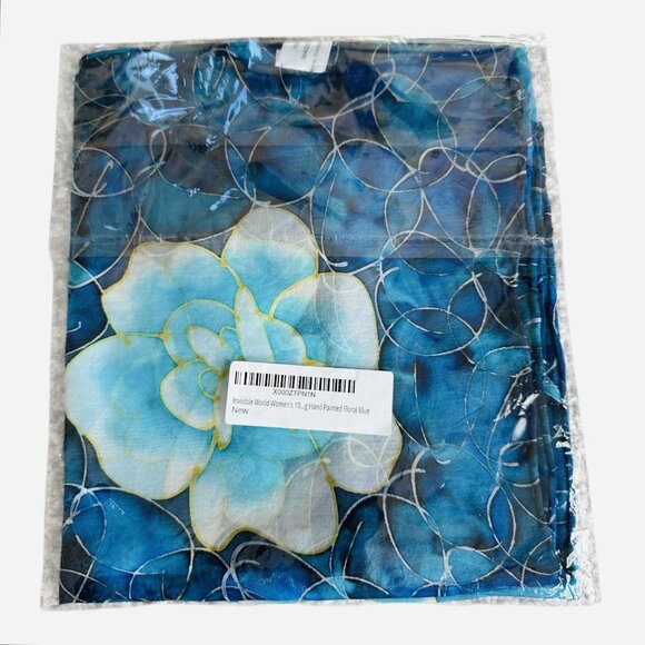 Invisible World Women's 100% Silk Hand Painted Floral Scarf Blue 16”x54” New - Picture 5 of 7